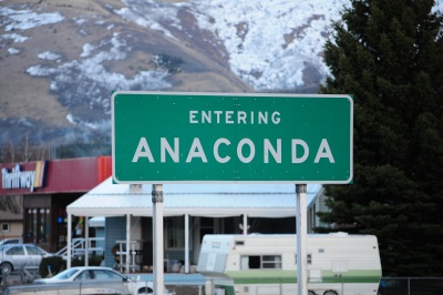 Entering Anaconda, Montana. A city probably named after this installation program. David Cantrell took this picture in 2011. His grey VW Jetta is parked in the background.