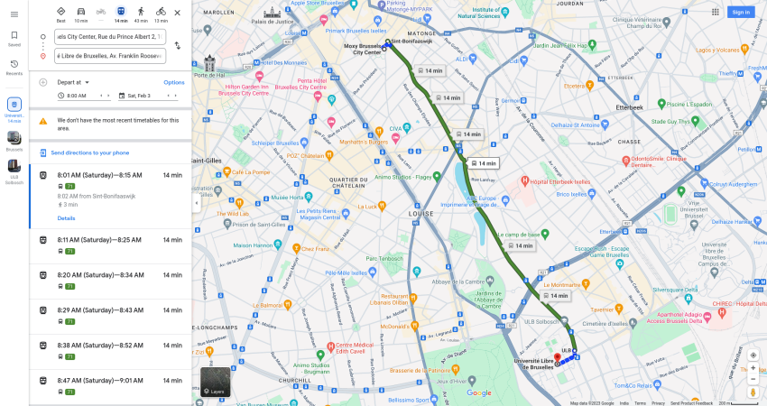 Screenshot of Google Maps showing the approximate route from the approved Fedora hotel to the FOSDEM 2024 venue in Brussels, Belgium.