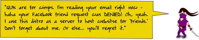 GUIs are for wimps. I'm reading your email right now - haha your Facebook friend request was DENIED! Oh, yeah. I use this distro as a server to host websitse for 'friends.' Don't forget about me. Or else... you'll regret it.