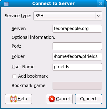 Nautilus SSH connection dialog for fedorapeople.org