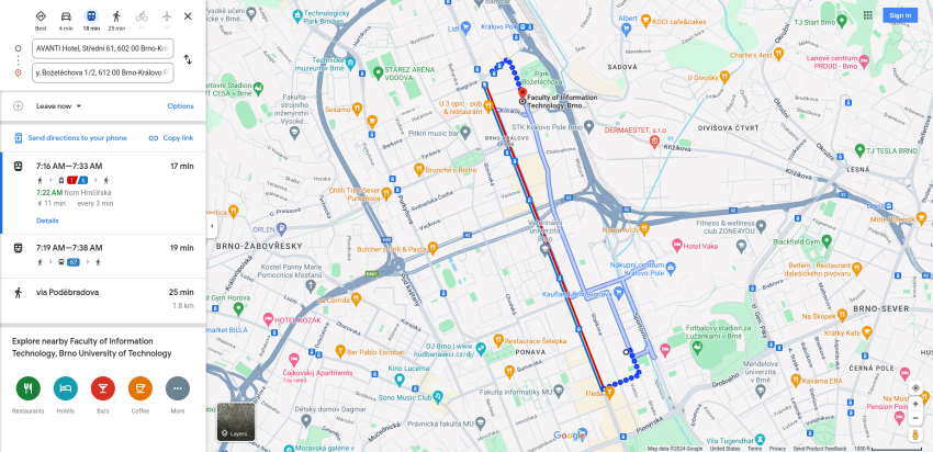 Screenshot of Google Maps showing the approximate route from the approved Fedora hotel to the DevConf CZ 2024 venue in Brno, Czechia.