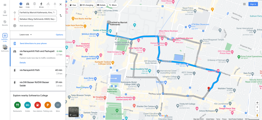 Screenshot of Google Maps showing the approximate route from the approved Fedora hotel for GNOME Asia 2023 to the GNOME Asia 2023 venue in Kathmandu.